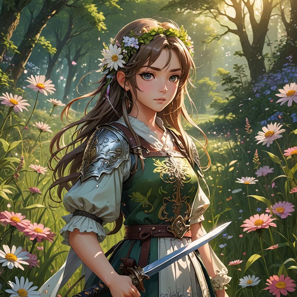 Anime Girl with Sword and Flowers in Meadow