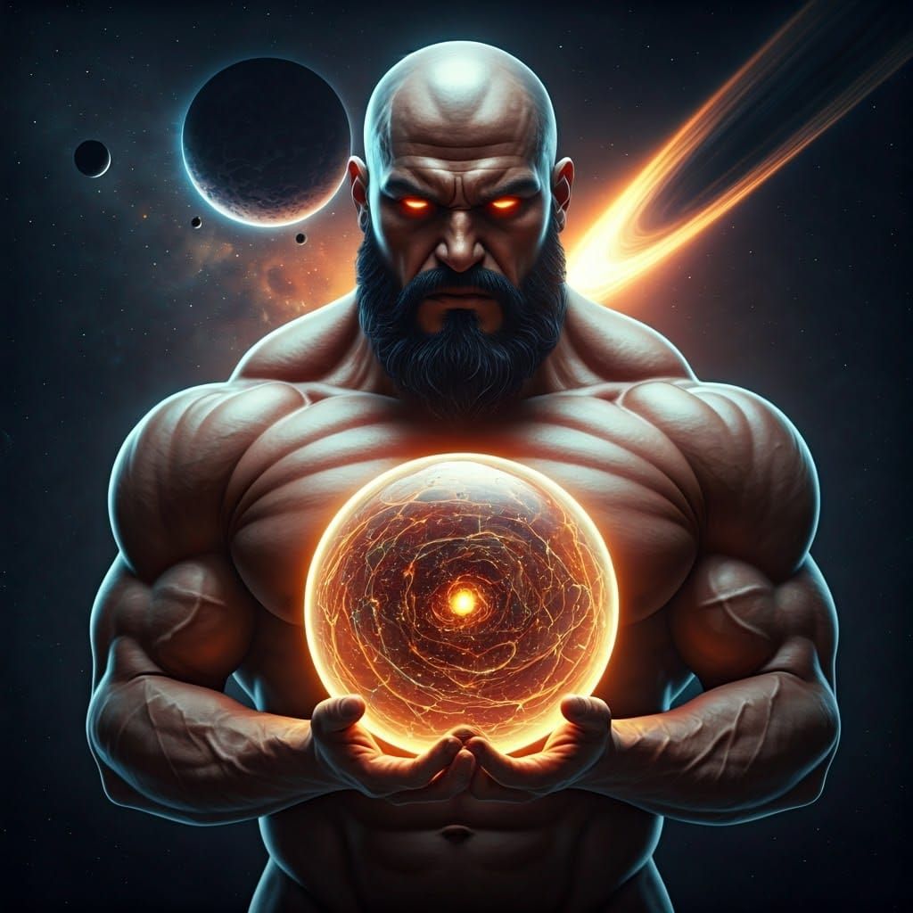 God Holding Bioluminescent Galactic Orb in Deep Space