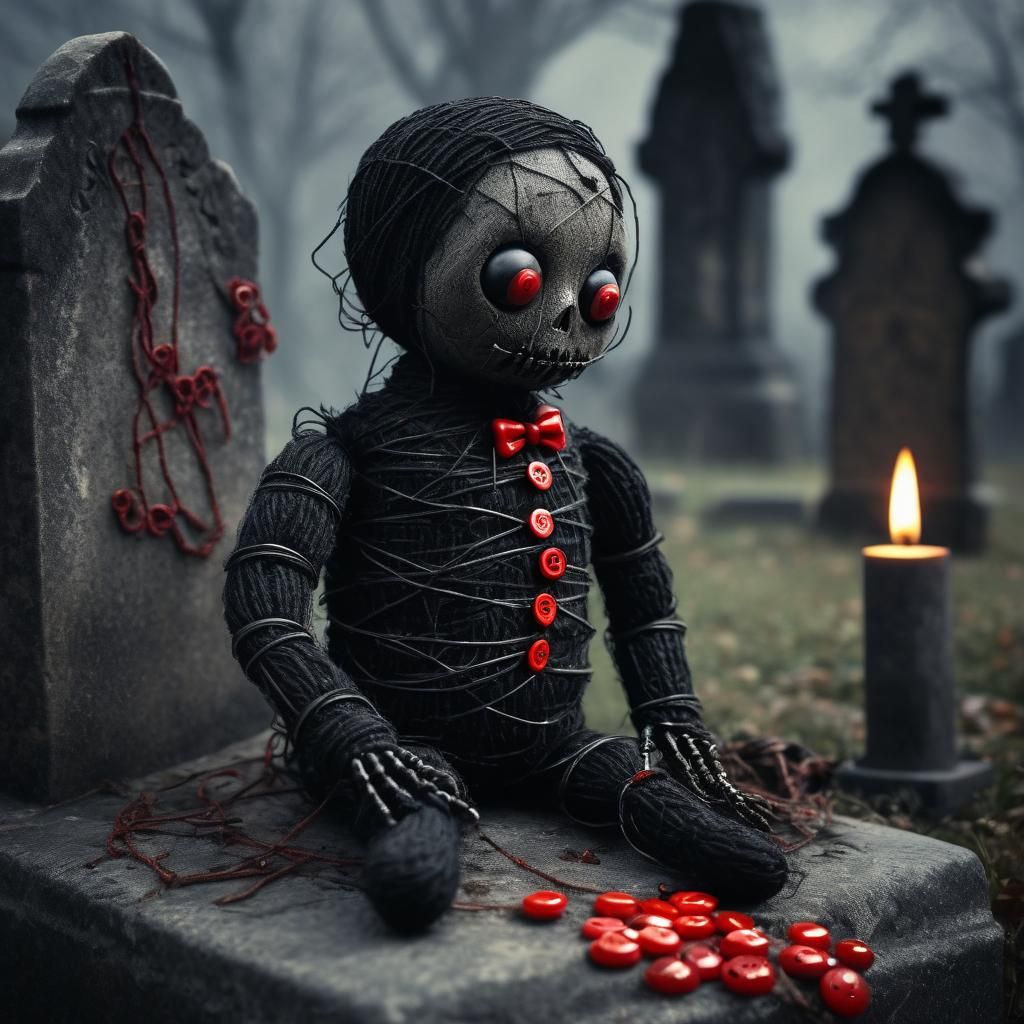Creepy Voodoo Doll Leaning on Gravestone