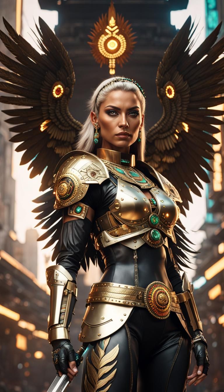 Aztec Warrior Woman with Flaming Sword, Hyperreal 3D Render