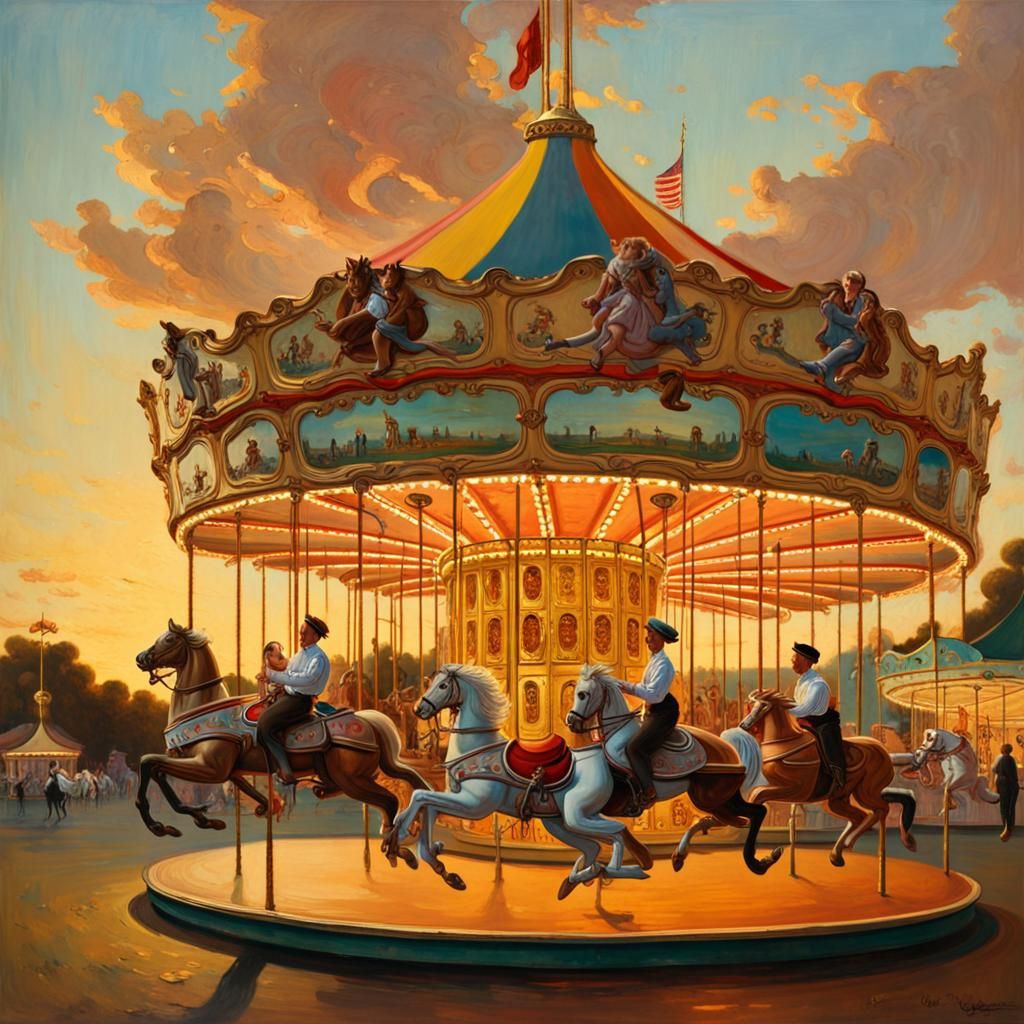 Carousel Ride at Sunset in Rockwell Style