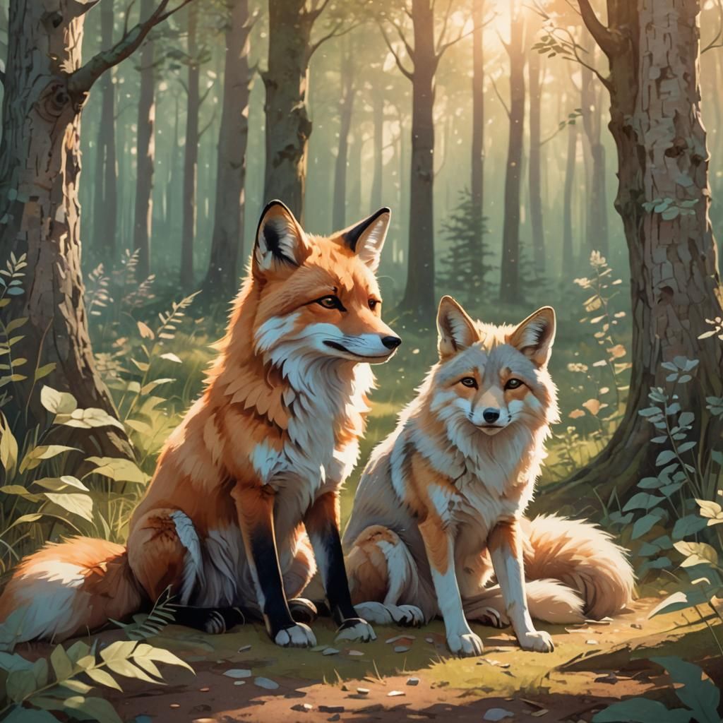 Whimsical Forest Scene with Fox and Wolf