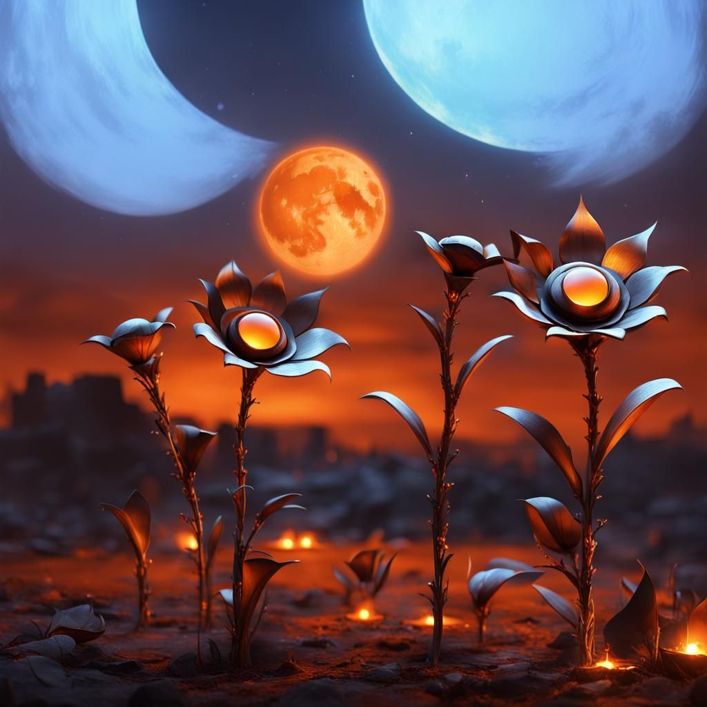 Metal flowers on a burn site at night, orange moon, fantasy concept art