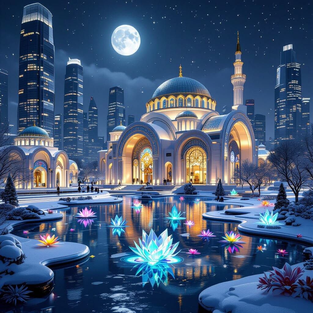 Futuristic Byzantine Park in Winter Night