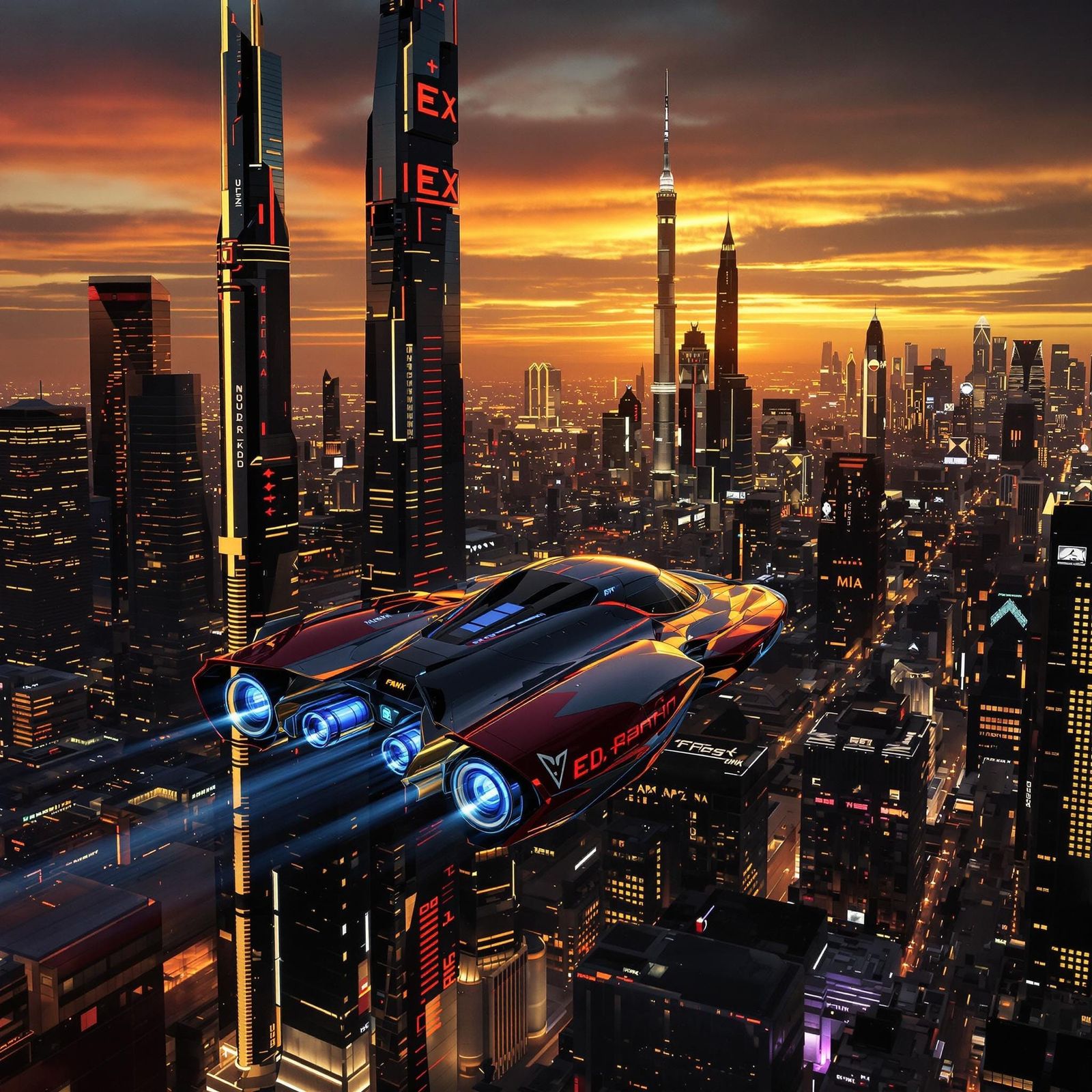 Futuristic Dark Cityscape with Flying Car at Dusk