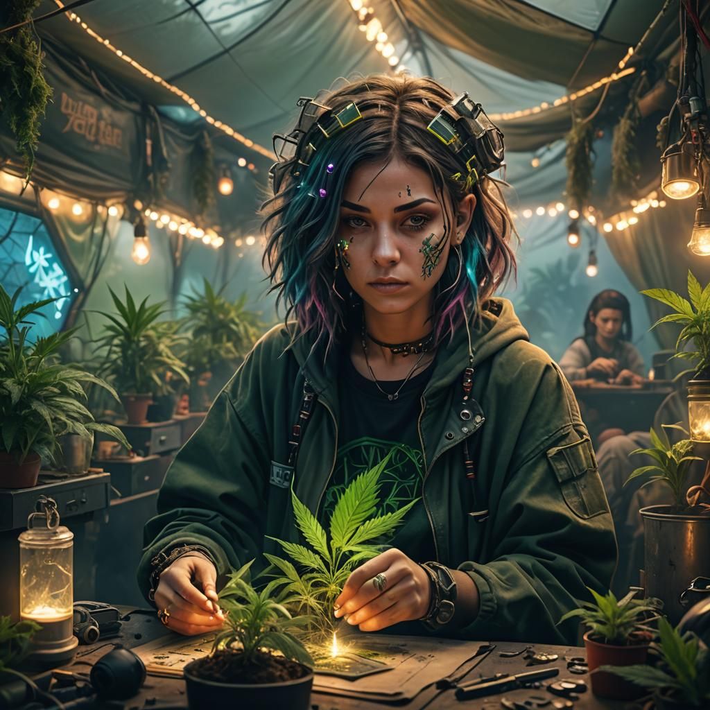 Cyberpunk Woman Smoking Cannabis in LED Tent