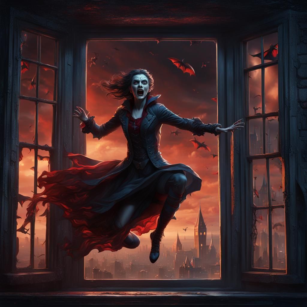 Vampire Woman Leaping Through Window: Fantasy Art
