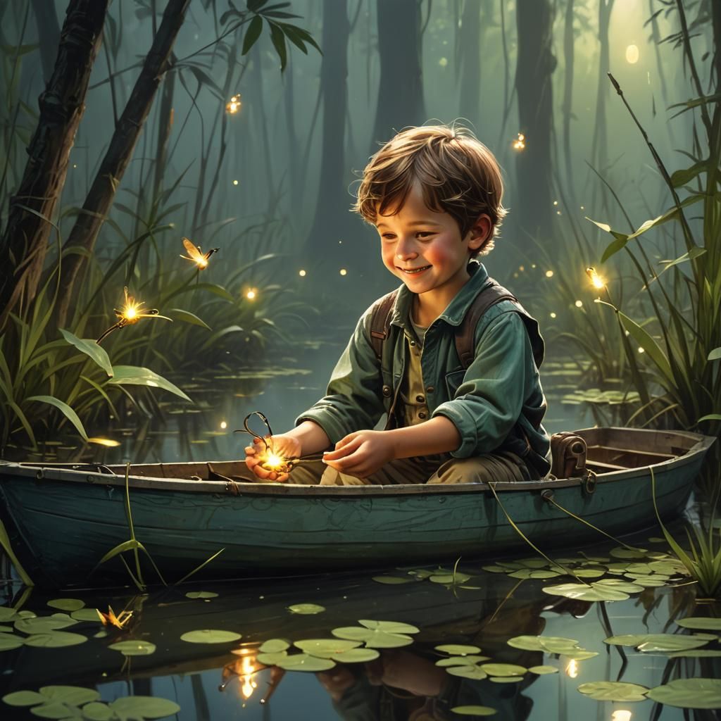 Child with Firefly in Swamp at Night