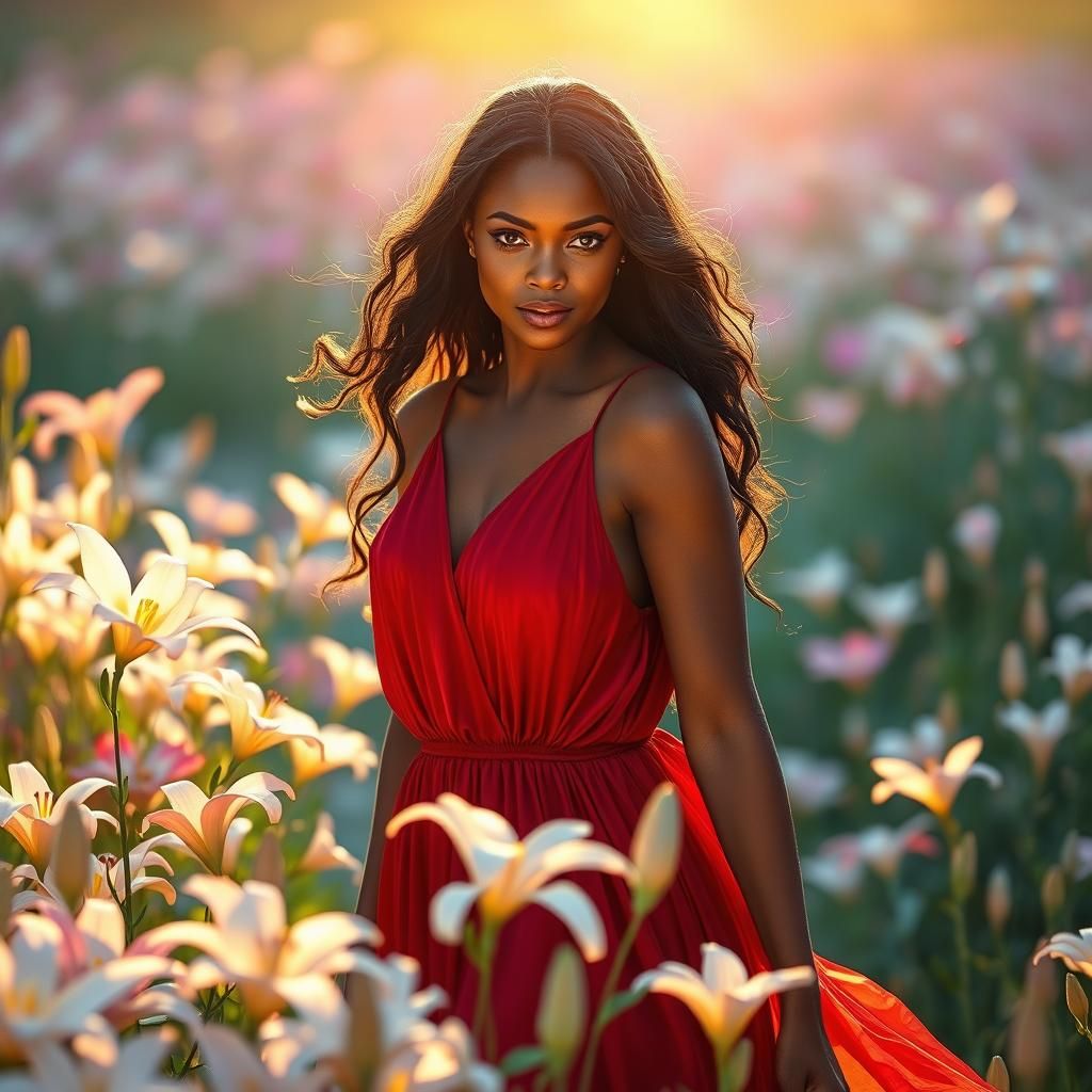 African American Woman in Lily Meadow, Cinematic Realism