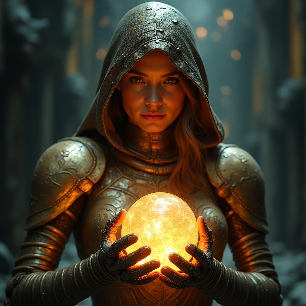 Ancient Warrior Maiden in Shimmering Metallic Armor