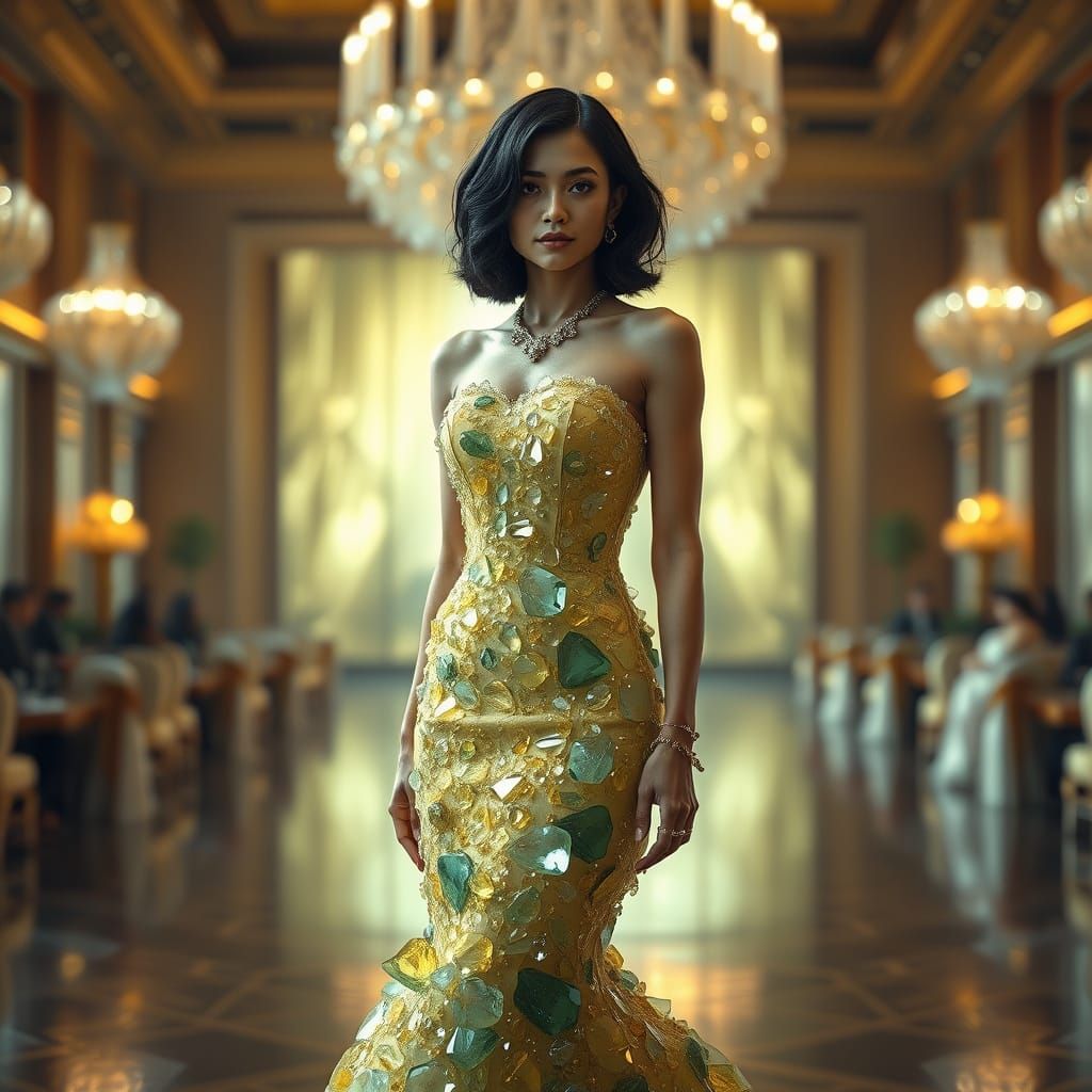 Woman in a Glittering Crystal Mermaid Dress, Reflecting Ligh...