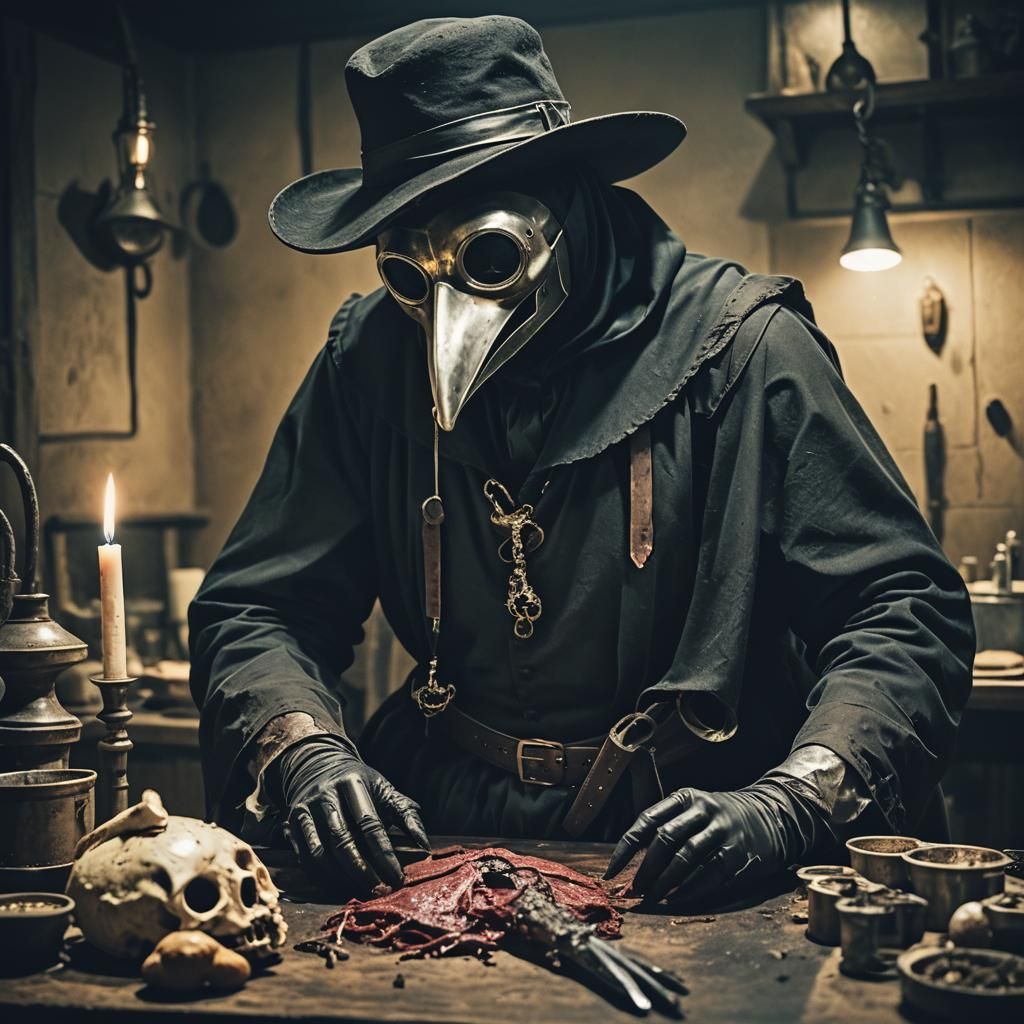 Dramatic Plague Doctor Autopsy: Cinematic Film Still