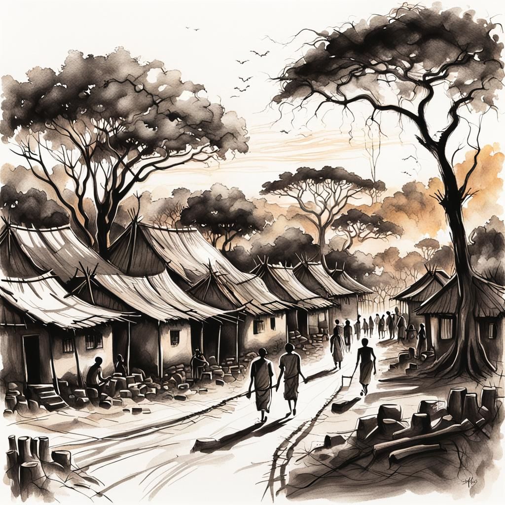 African Village Sunset in Charcoal and Ink