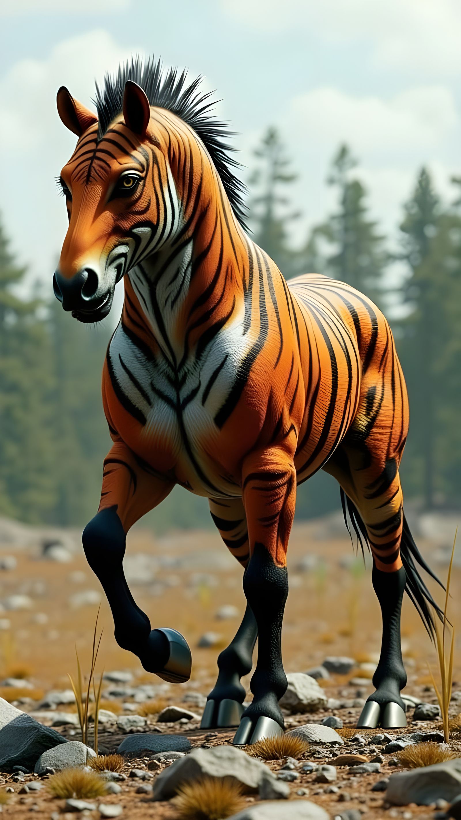 <lora:FantAlenD:1.0> A 3D render of a hybrid animal with the body of a horse and the head, fur pattern, and clawed hoove...