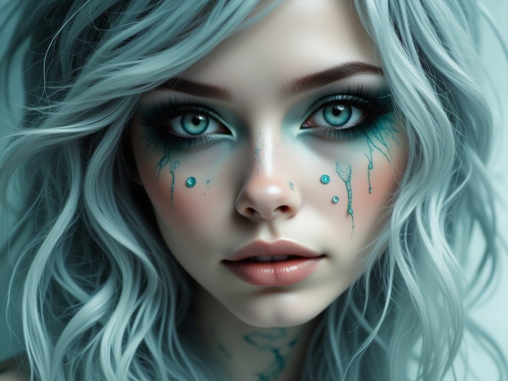Ethereal Portrait with Detailed Skin and Hair in Grey-Blue H...