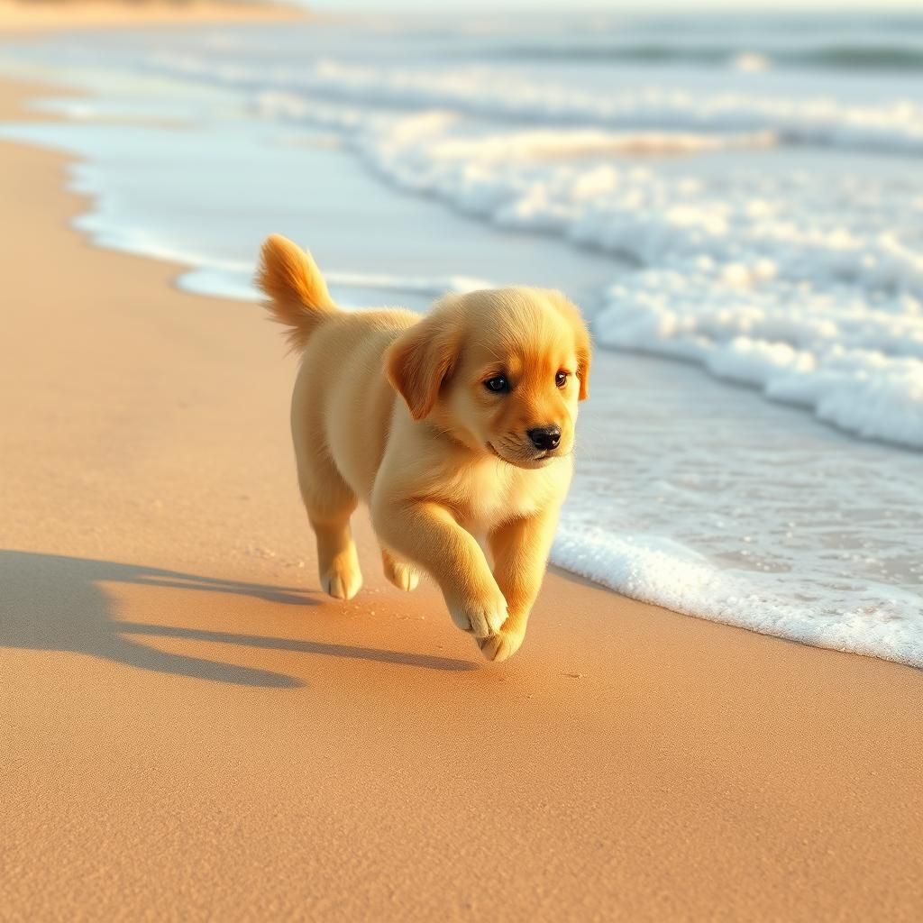 Golden Retriever Puppy's Beach Run: Fantasy Art