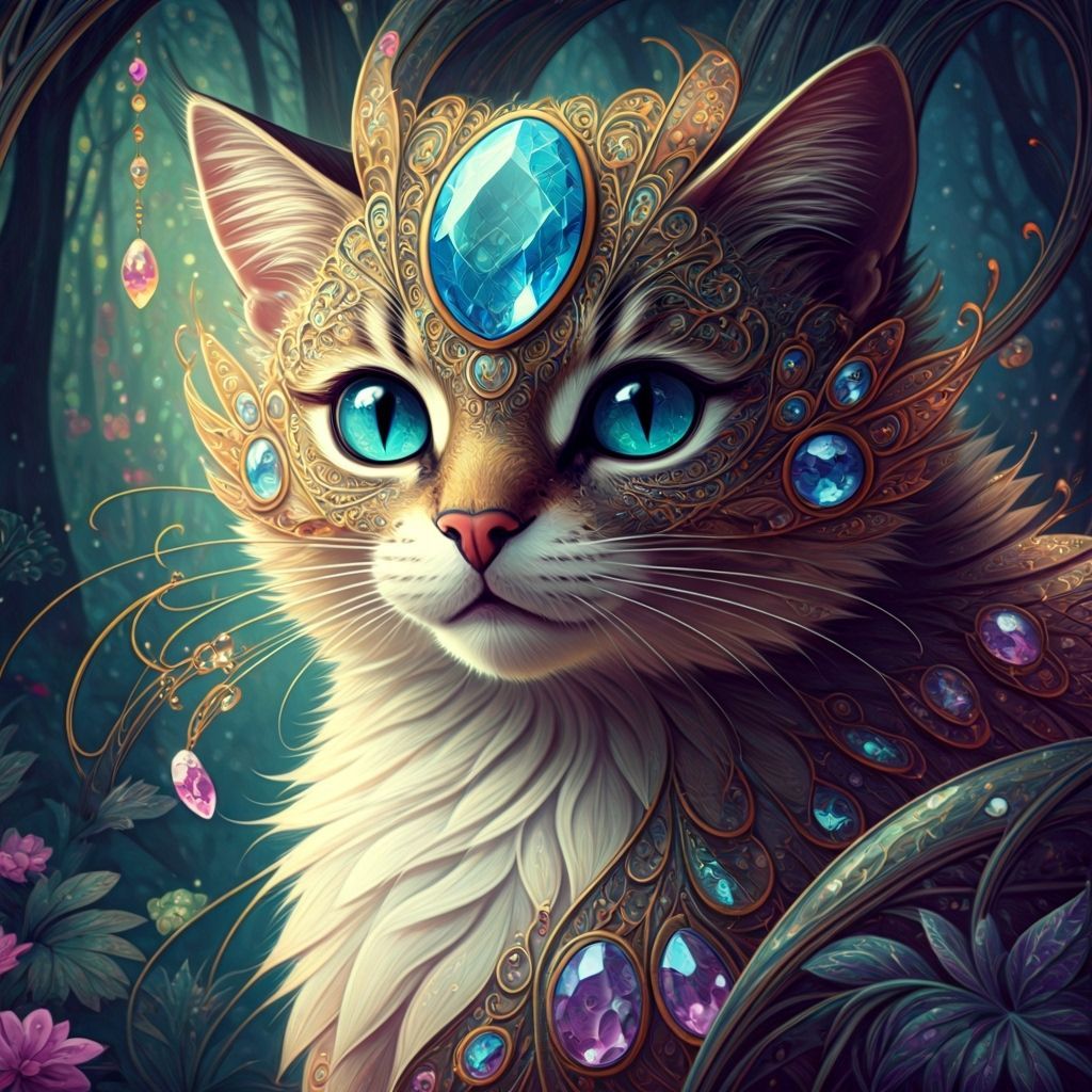 Art Nouveau Fantasy Cat Creature in Mystical Forest