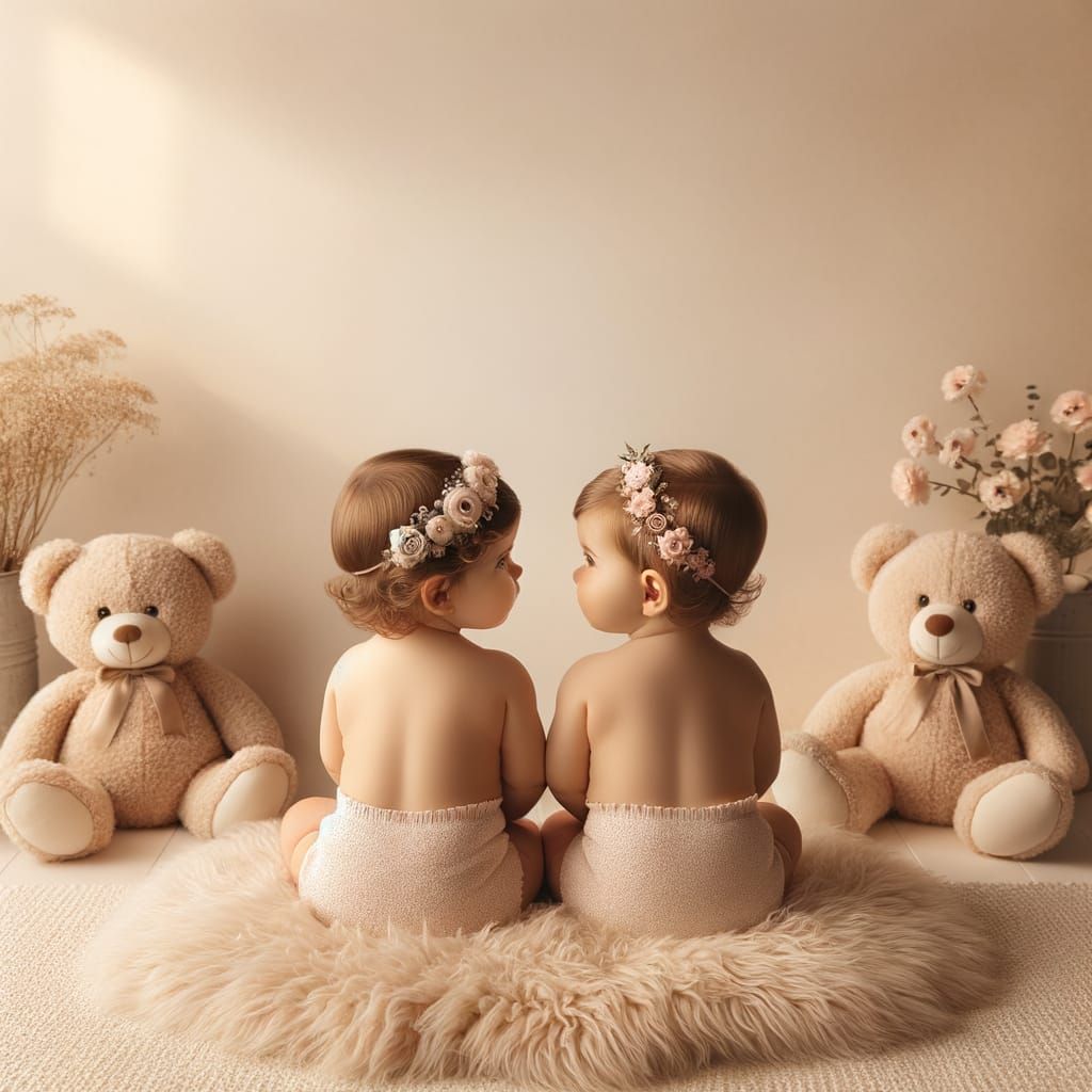 Tender Studio Photo of Twin Baby Girls on Cream Rug