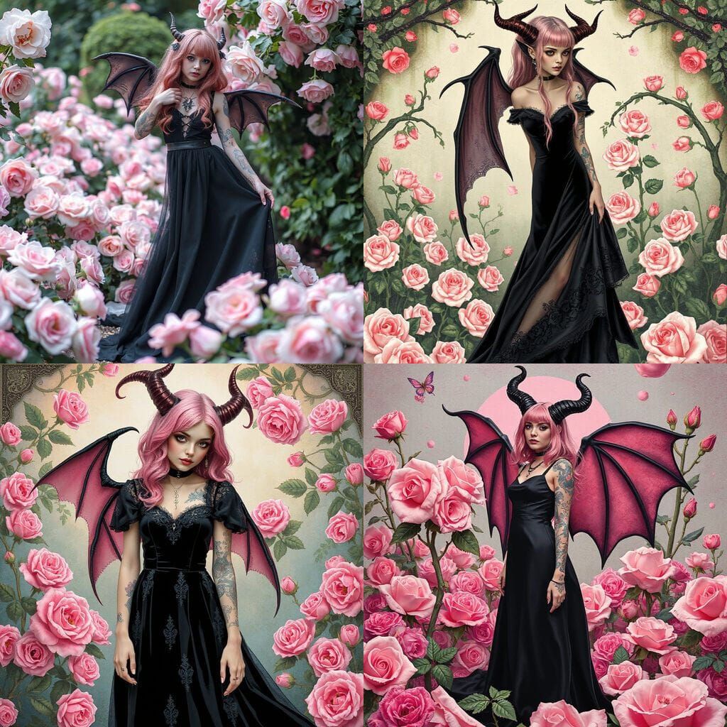 Pastel Goth Demon in Rose Garden Art Nouveau