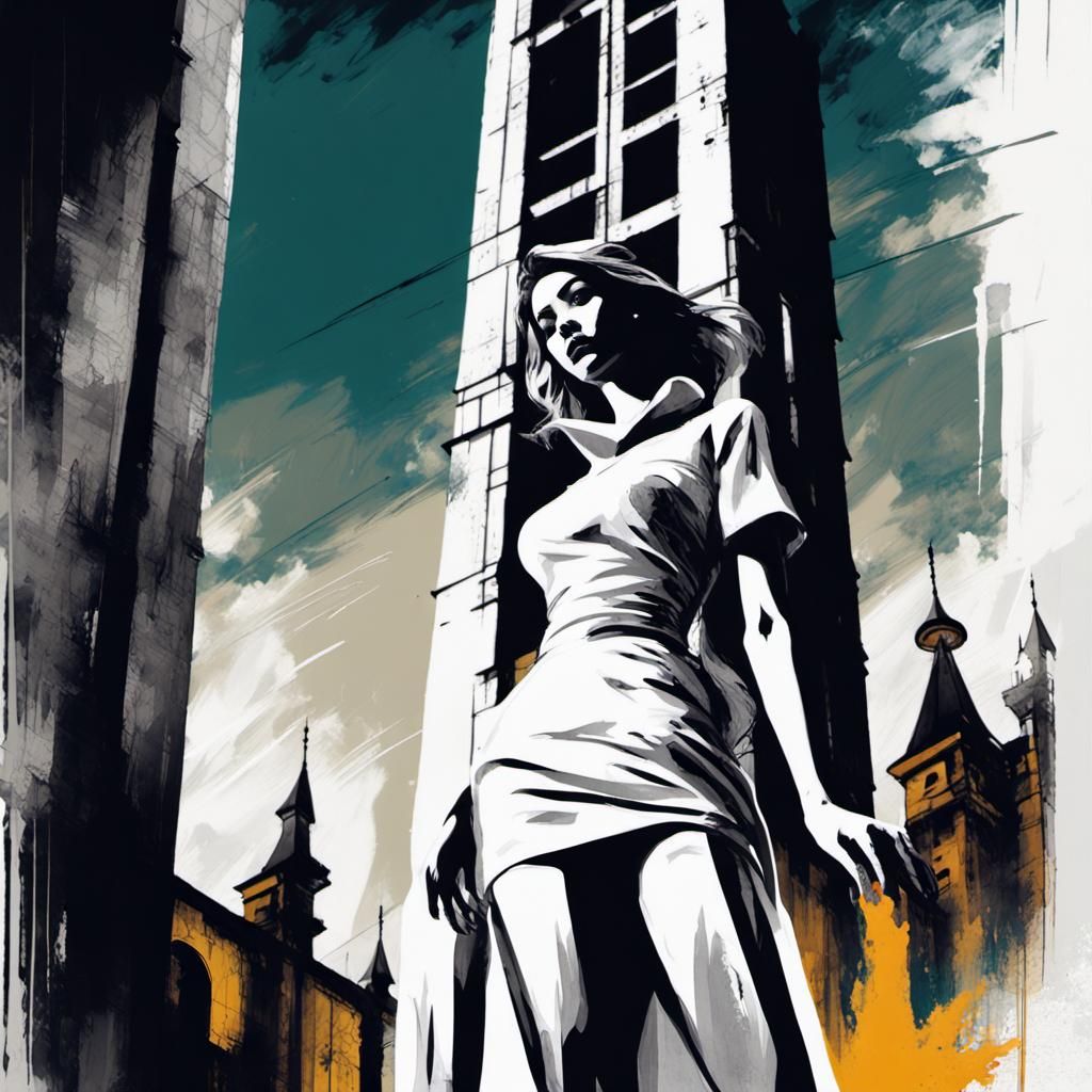 Retrofuturistic Woman and Tower in Constructivist Style