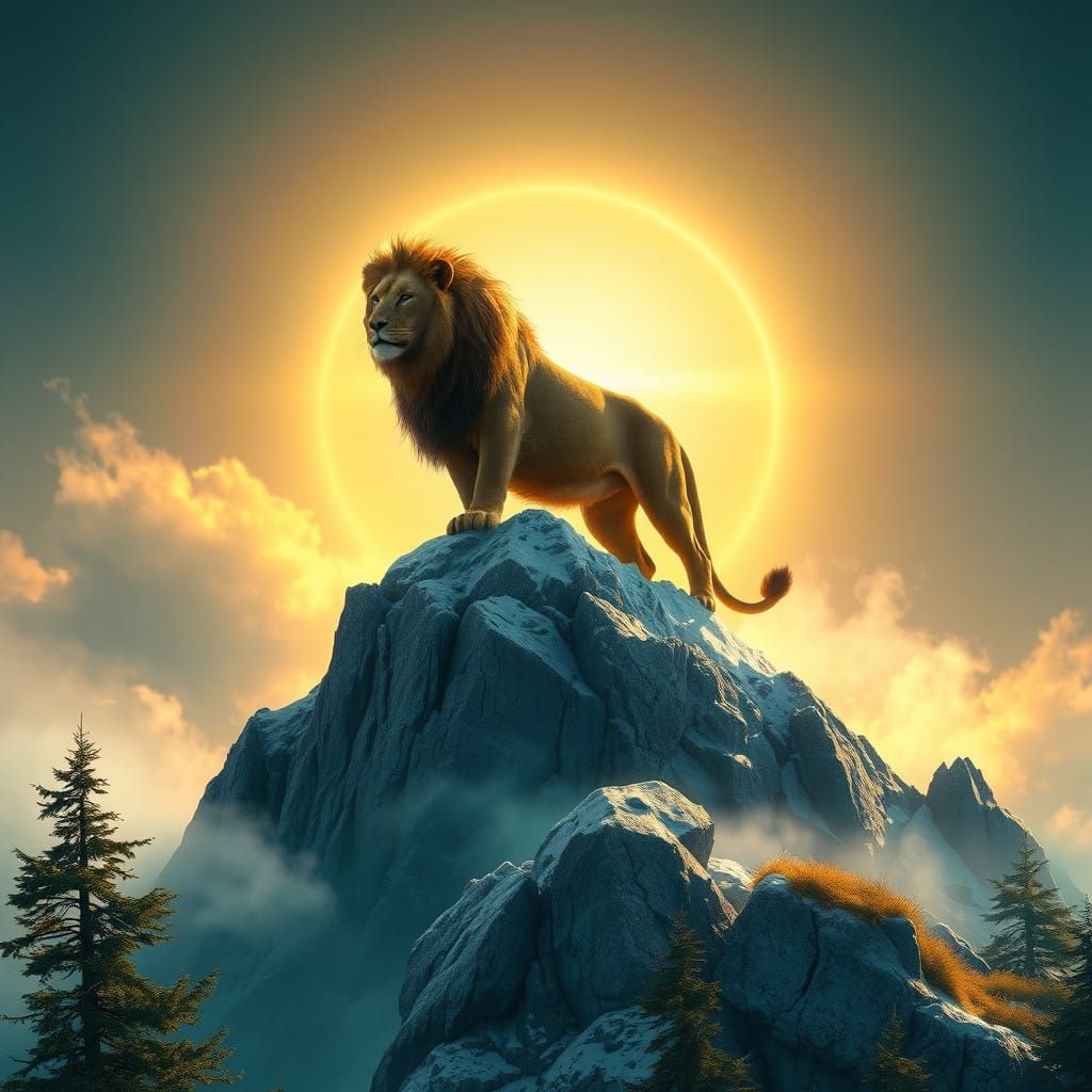 Majestic Lion Surveys Snow-Capped Mountain Kingdom