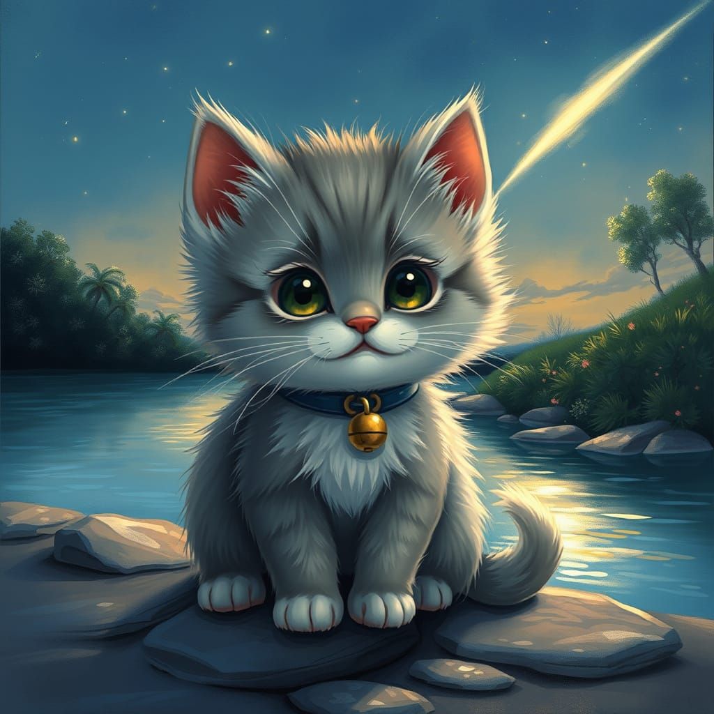 Kitten Watches Meteor Shower: Anime-Inspired Art