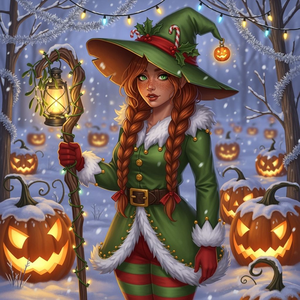pumpkin witch in a snow-covered pumpkin patch at twilight.