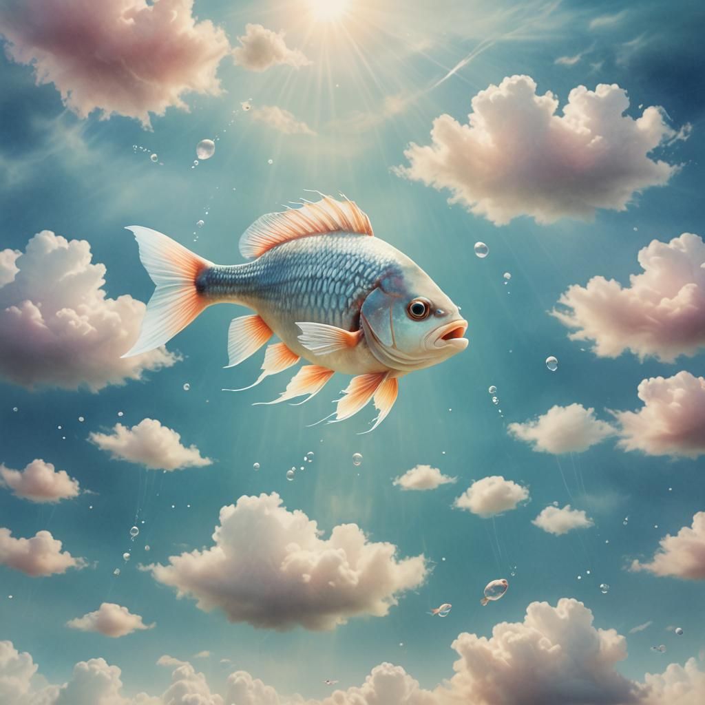 Surreal Fish Floating in Dreamlike Watercolor Sky
