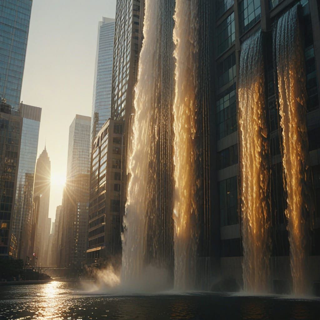 Giant Waterfall Draining from Skyscrapers in Golden Light