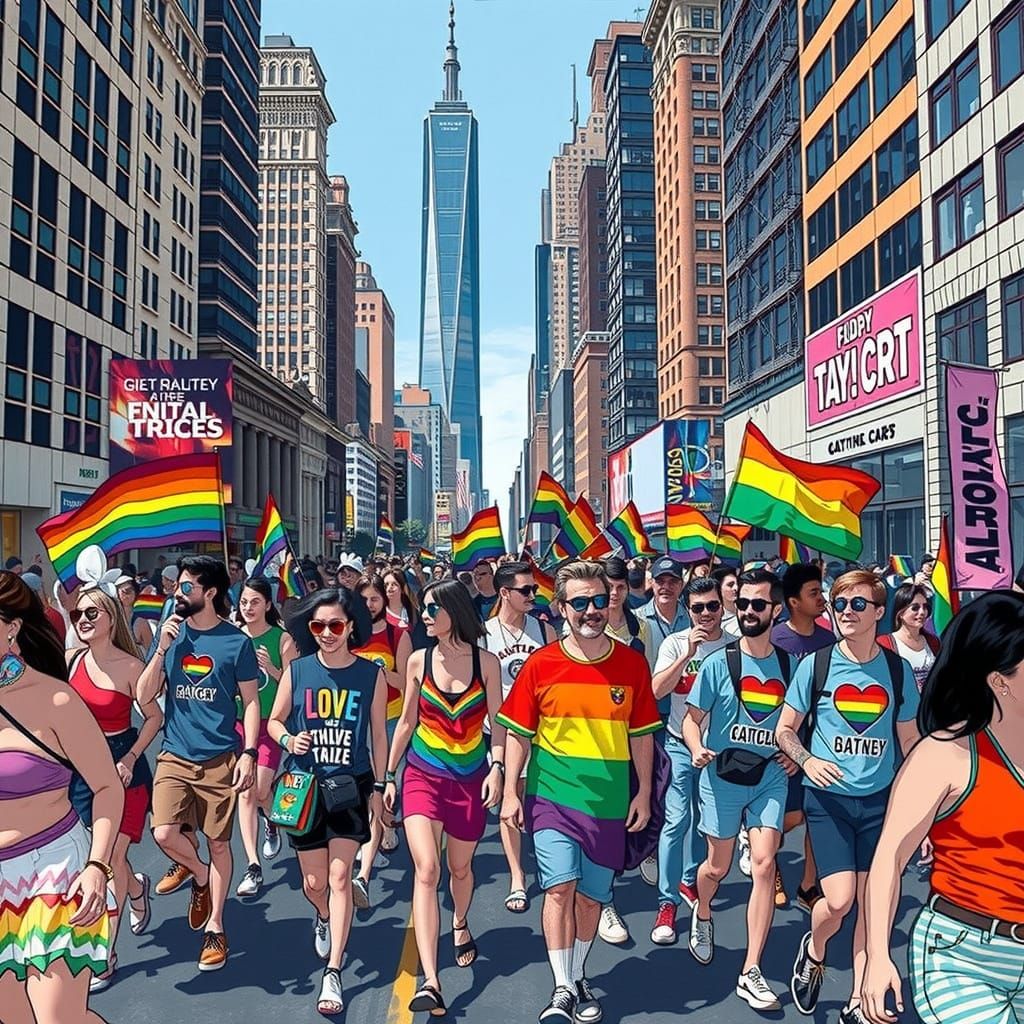 Colorful LGBTQ Pride Parade in Urban Street Art Style