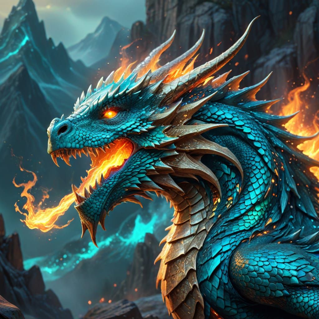 Turquoise Dragon Breathing Fire: Mythic Fantasy Art