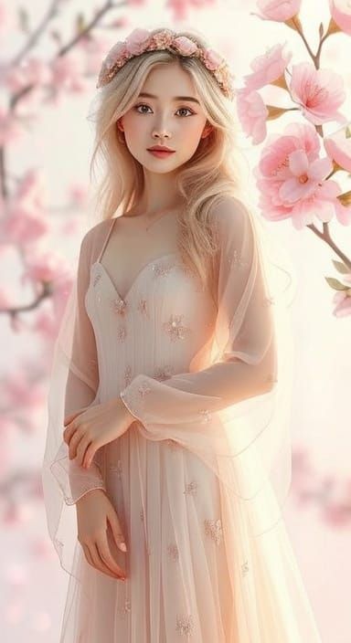 Ethereal Woman in Blooming Field, Watercolor Style