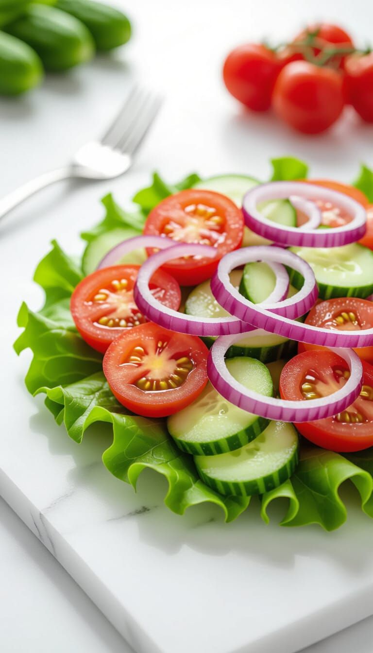 Fresh Salad Ingredients Arranged on Marble Surface