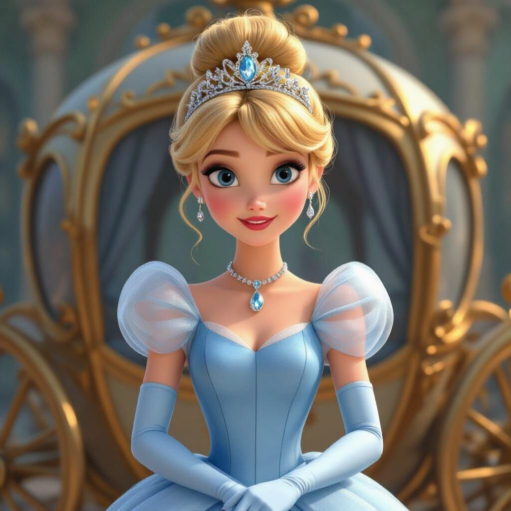 Cinderella in 3D Pixar Style With Golden Carriage