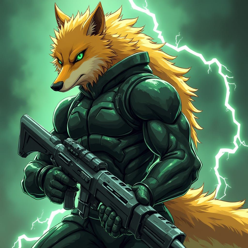 Imposing Golden Werewolf in Tactical Stealth Suit