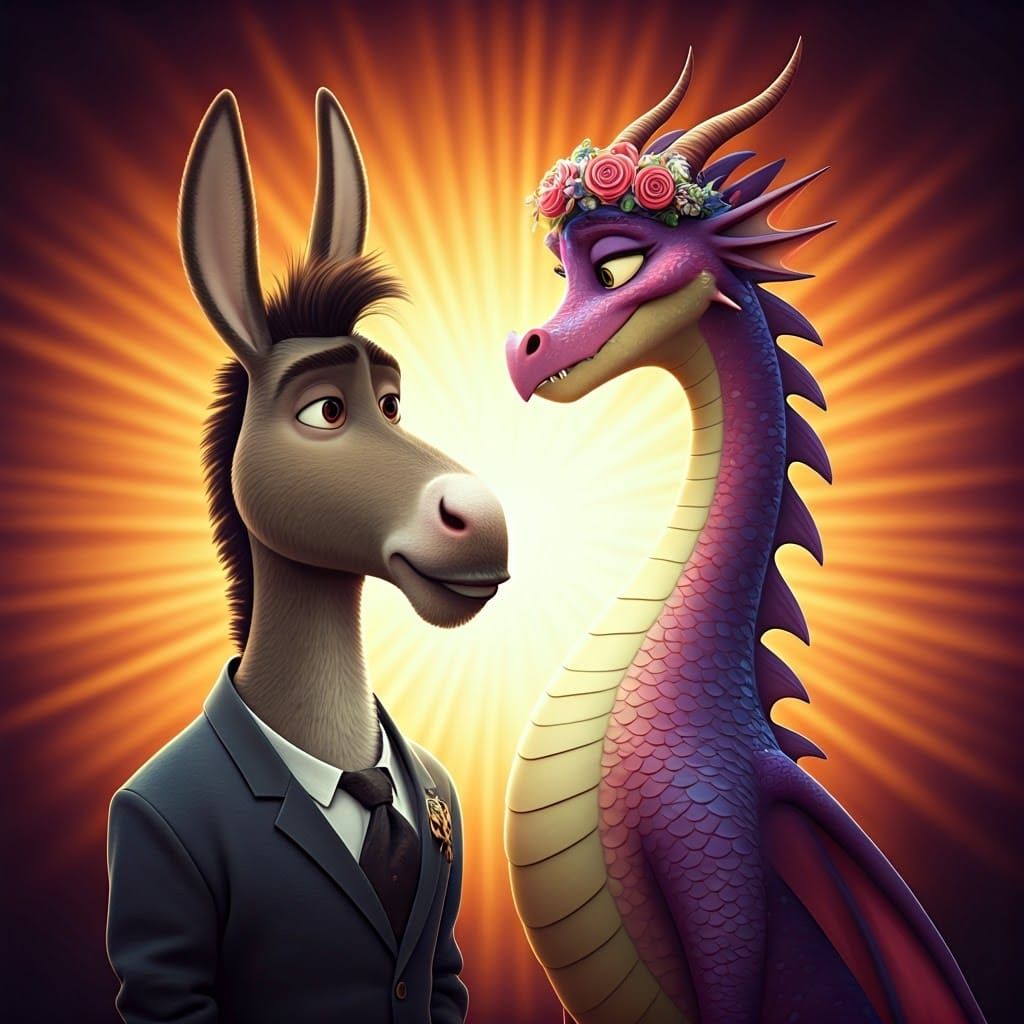 Cinematic Wedding Scene of a Donkey and Dragon