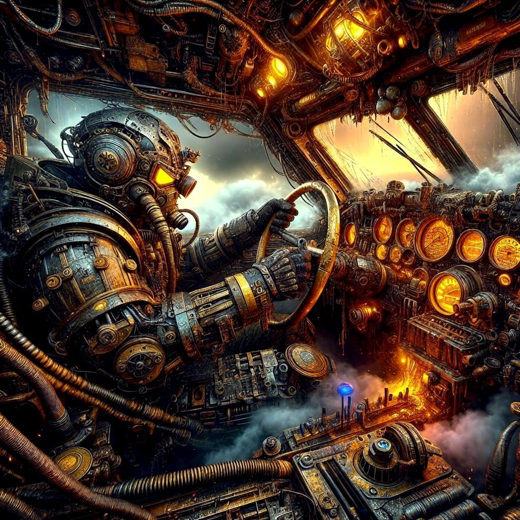 Dieselpunk Warrior Commands Colossal War Machine