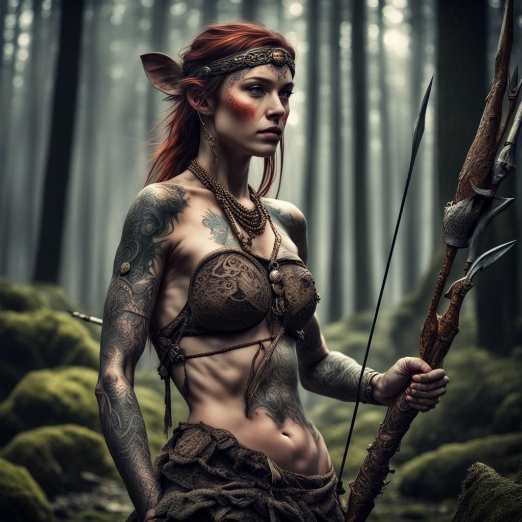 Mythical Huntress with Spear in Fantasy Forest