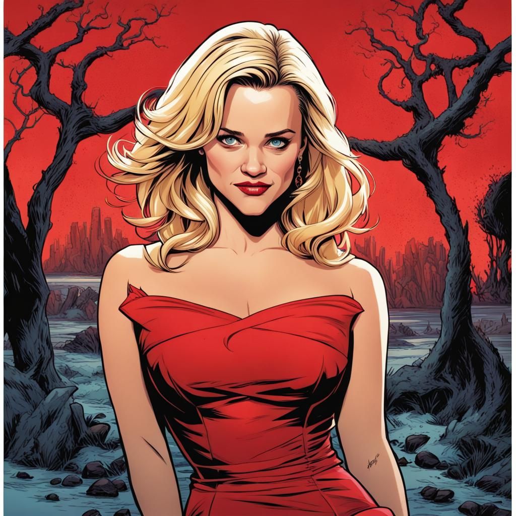 Comic Book Art of Woman in Red Dress