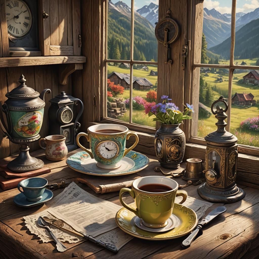 Photorealistic Mug Scene with Mountain View