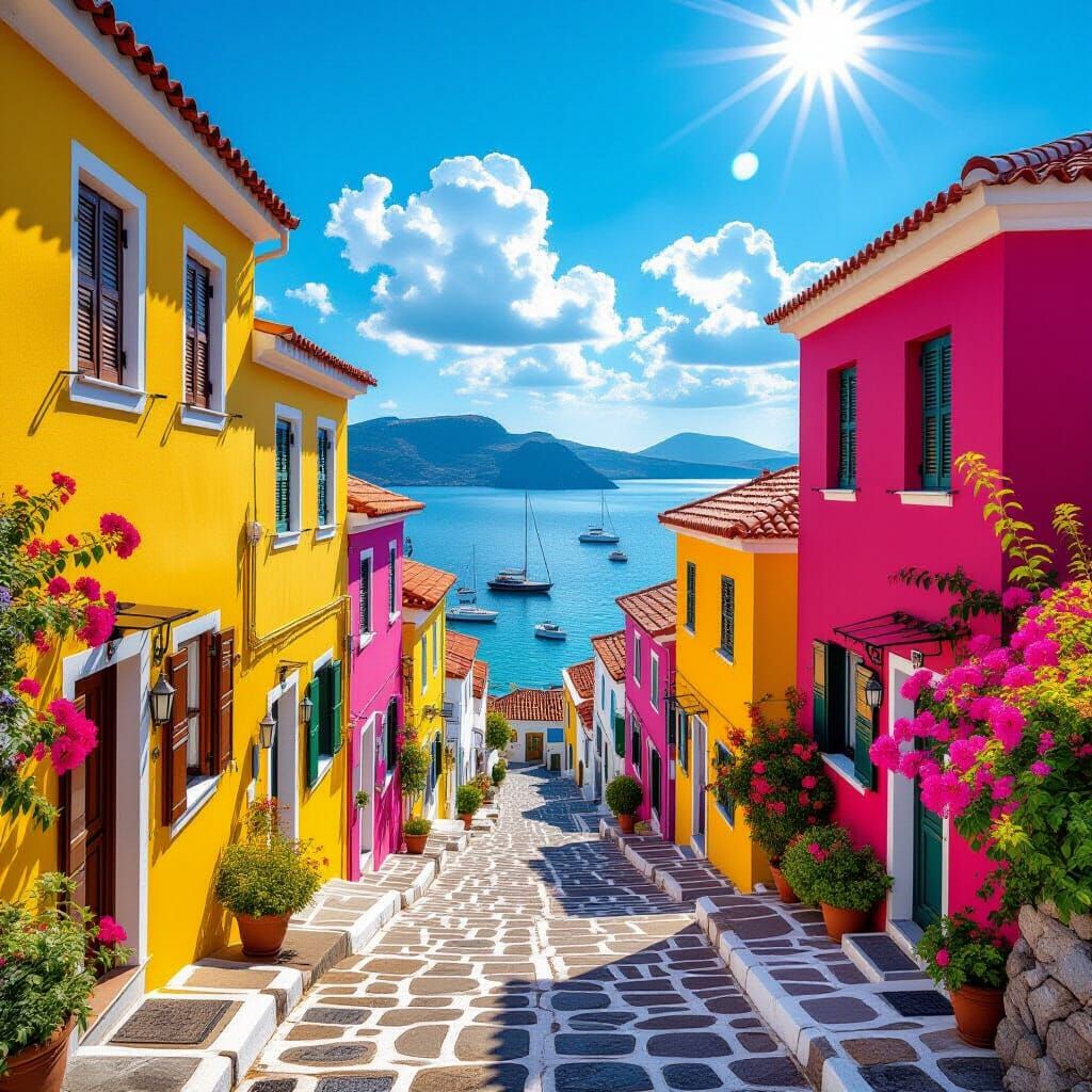 Charming Greek Village in Summer Sunlight