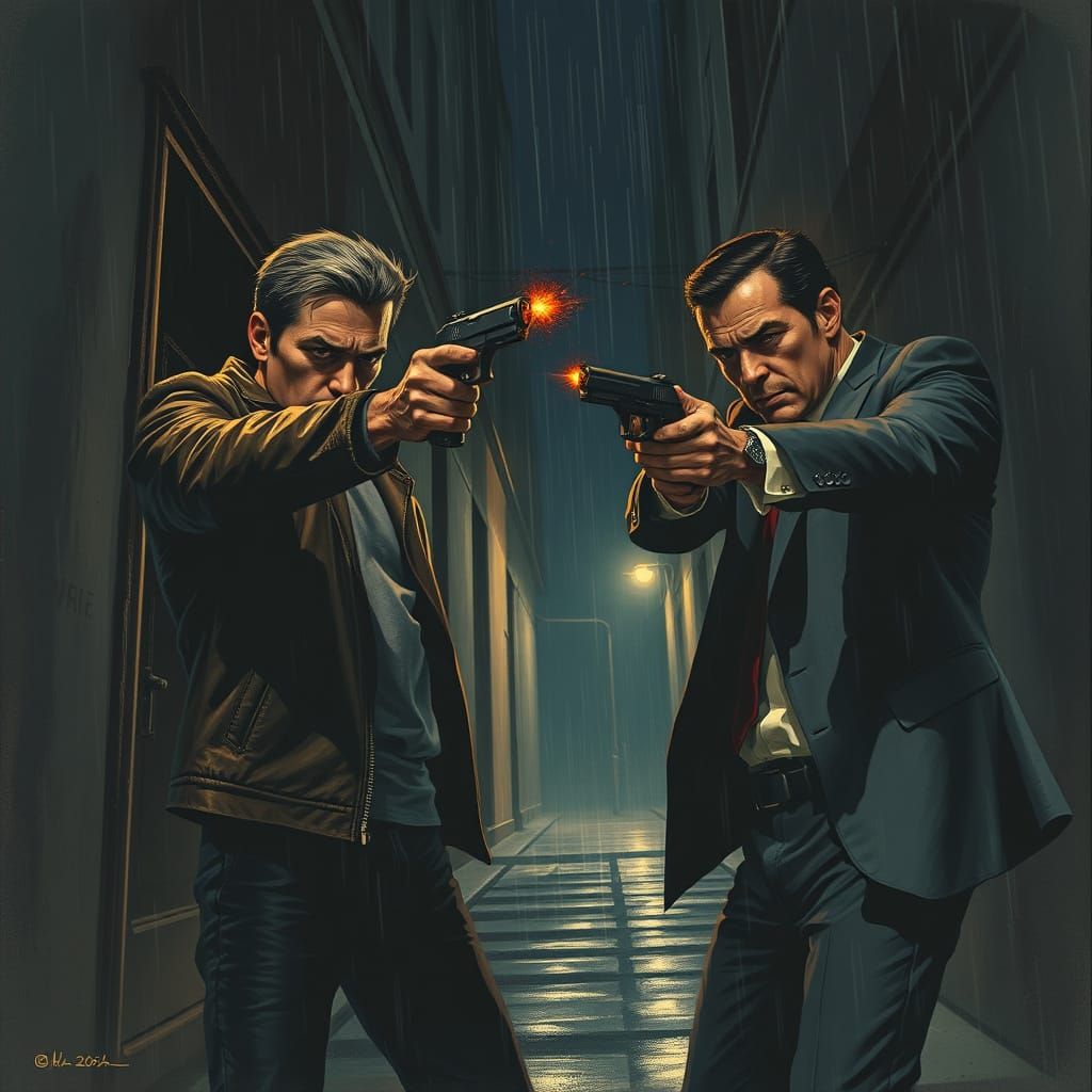 Gritty Gunfight in Rain-Soaked Alleyway
