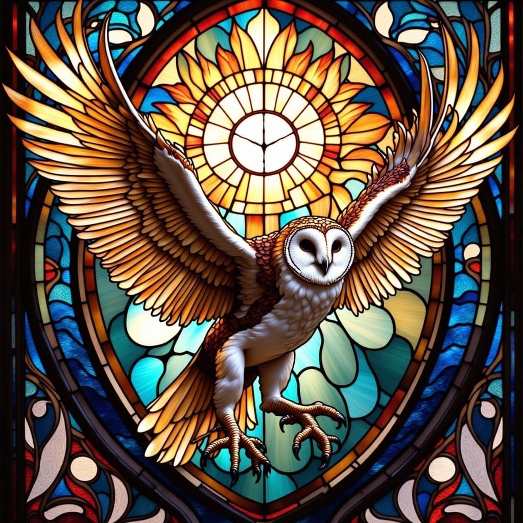 Stunning Stained Glass Barn Owl in Flight