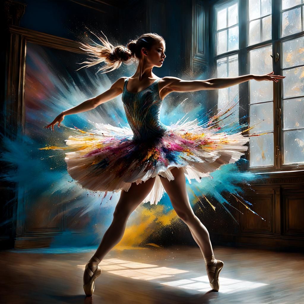 A ballerina in action with powdered paints exploding around her