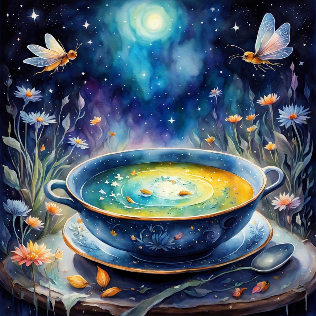 Enchanted Soup Plate Soars Through Cosmic Watercolor World