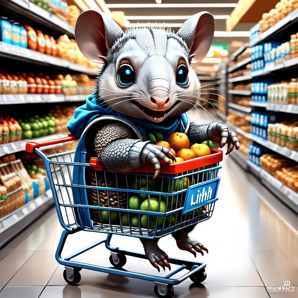 Cute Armadillo with Shopping Cart in Anime Style