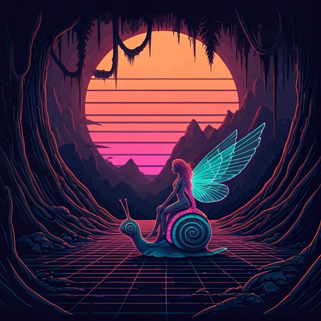 Cyberpunk Fairy Rides Neon Snail: Digital Art
