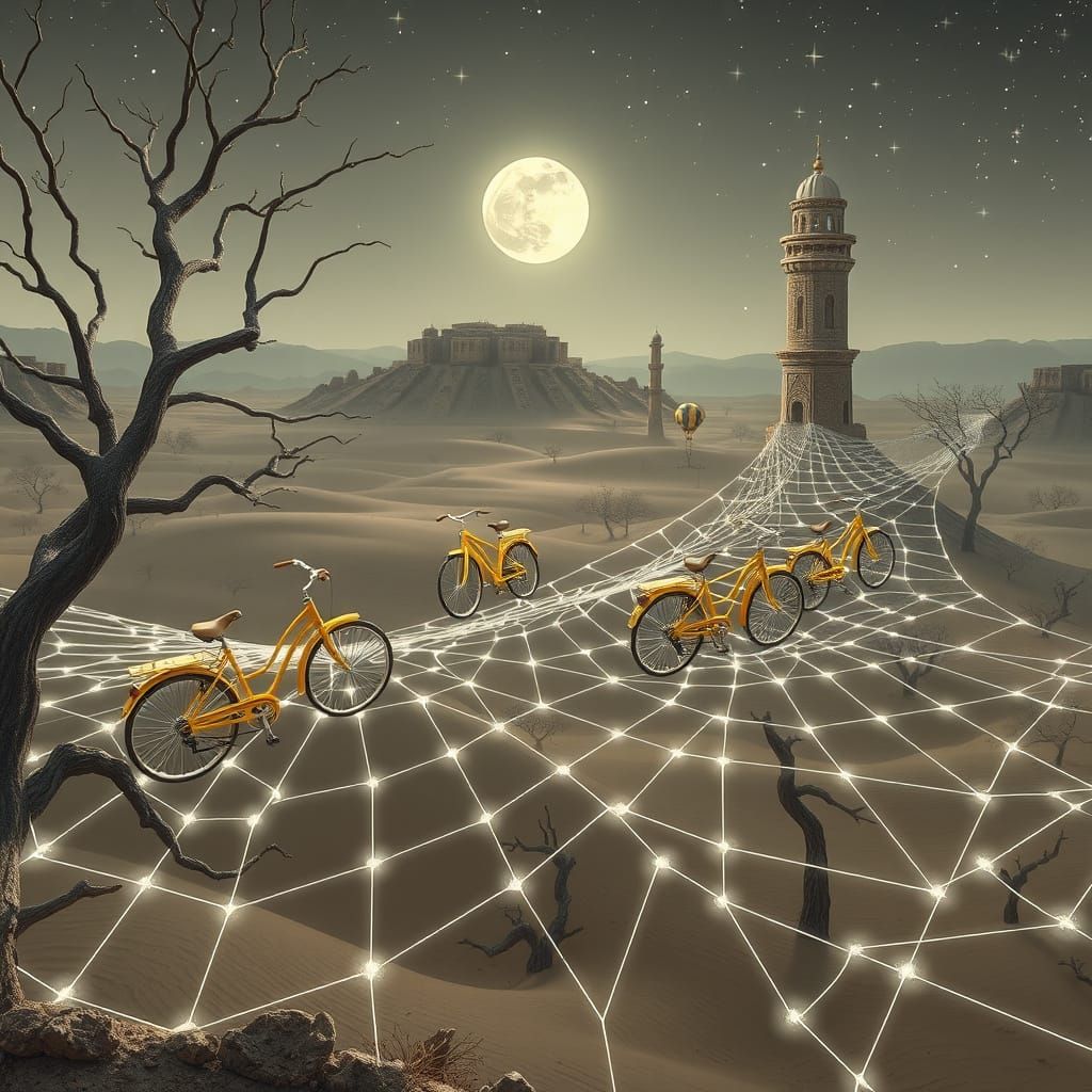 Bicycles on Cosmic Spider Webs in Desert Landscape