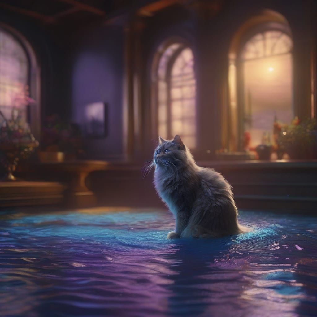 Gray Cat in Vivid Aquarium Scene