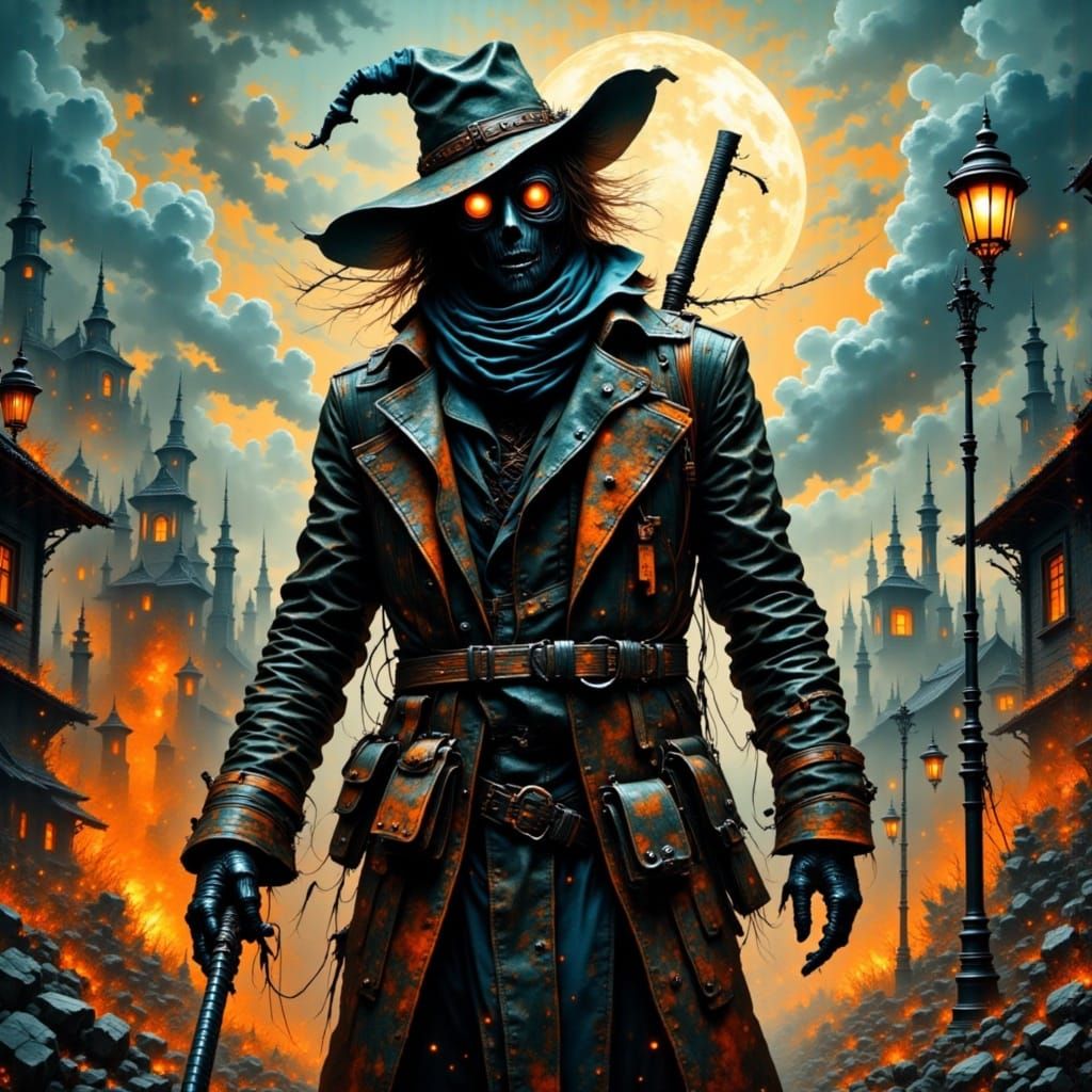 Distressed Cyberpunk Scarecrow Falls from a Futuristic Sky